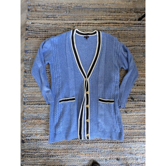 Talbots Iris Blue Cable Knit Tipped Girlfriend Cardigan Sweater L 4 Button - Picture 2 of 7